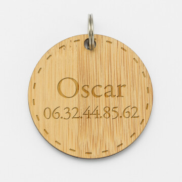 Médaille chien gravée bois ronde 35 mm - nom + numero