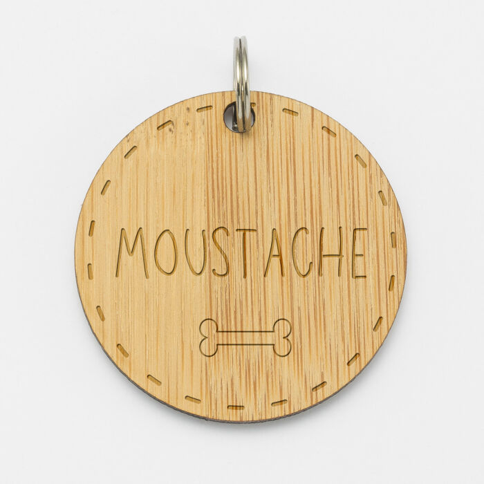 Médaille chien gravée bois ronde 35 mm - nom + pictogramme