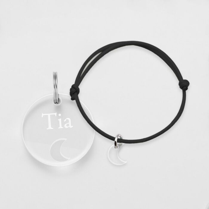 Duo de médaille pour chat gravée ajourée et bracelet acrylique "lune"