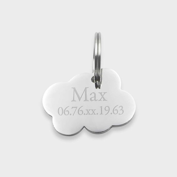 Médaille chat gravée acier argenté nuage 25x18 mm