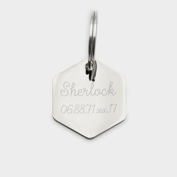 Médaille chien gravée acier inoxydable hexagone - Taille M (20x22 mm)