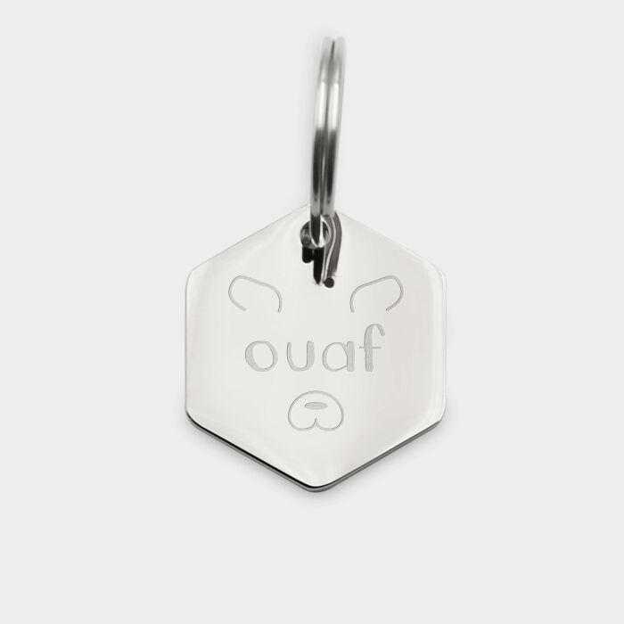 Médaille chien gravée acier inoxydable hexagone - Taille M (20x22 mm)