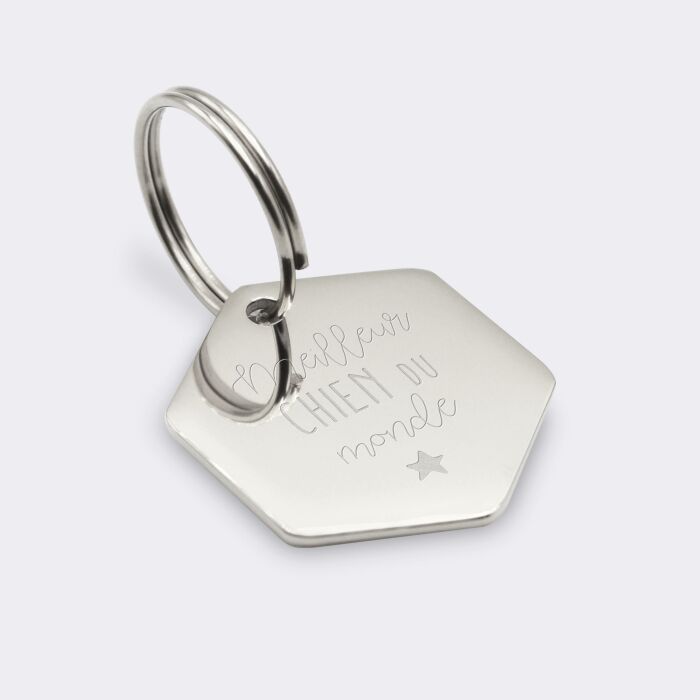 Médaille chien gravée acier inoxydable hexagone - Taille M (20x22 mm)