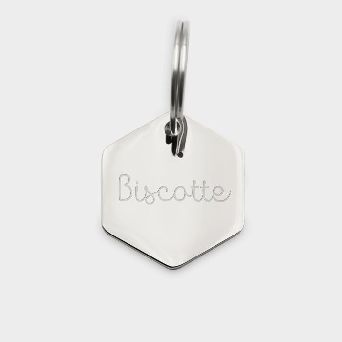 Médaille chat gravée acier inoxydable hexagone - 20x22 mm