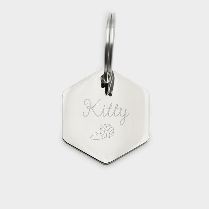 Médaille chat gravée acier inoxydable hexagone - 20x22 mm