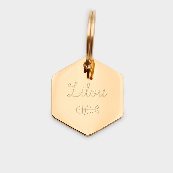 Médaille chat gravée acier inoxydable doré hexagone - 20x22 mm
