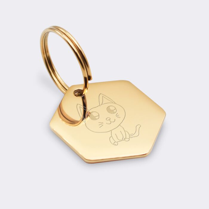 Médaille chat gravée acier inoxydable doré hexagone - 20x22 mm