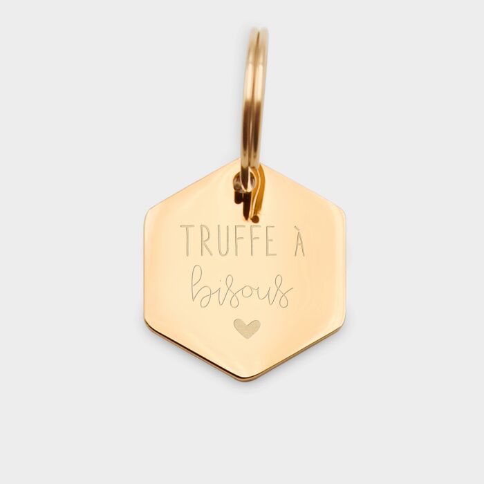 Médaille chien gravée acier inoxydable doré hexagone - Taille M (20x22 mm)