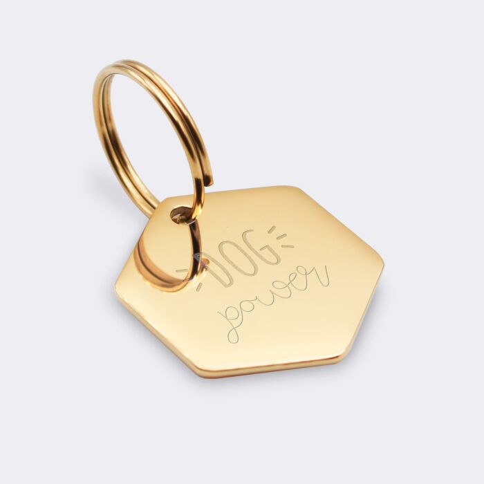 Médaille chien gravée acier inoxydable doré hexagone - Taille L (27x30 mm)